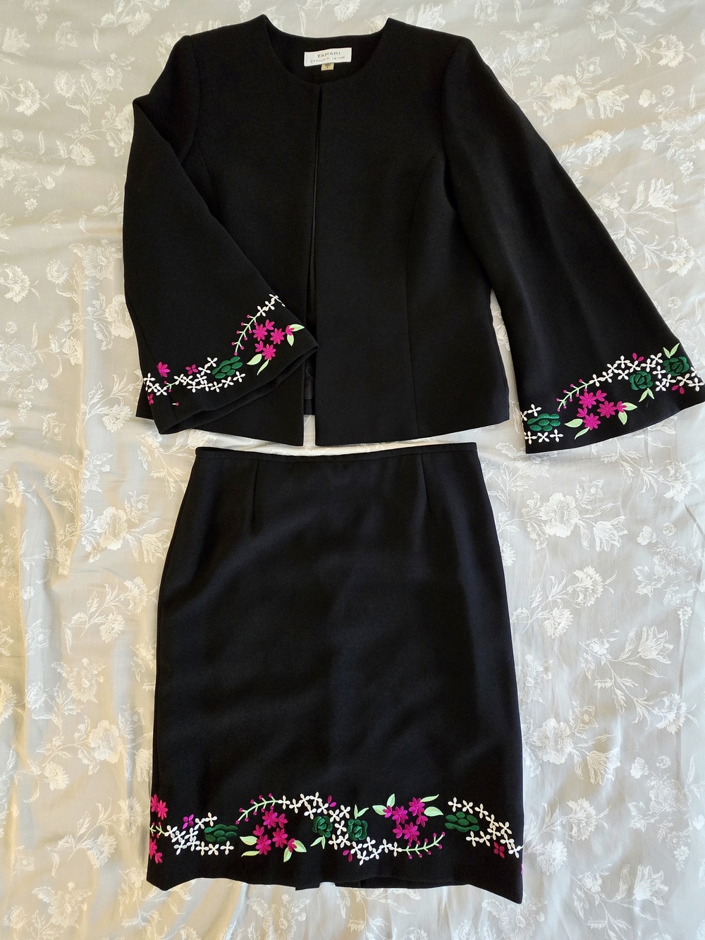 Black Floral-Trim Skirt Set with Pink & Green Embroidery
